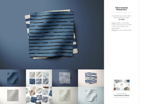 PSD mockup of textile swatches arranged on a flat surface, showcasing various blue and white striped patterns.