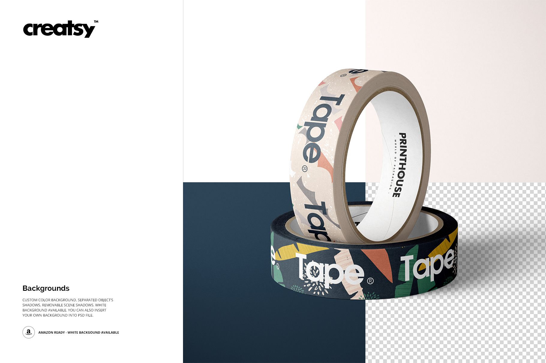 Two rolls of paper packing tape with colorful abstract patterns, shown in a realistic mockup scene on a white surface.
