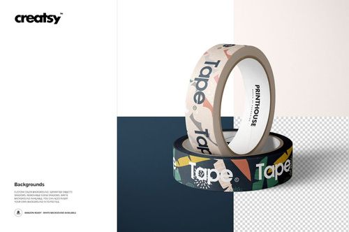 Two rolls of paper packing tape with colorful abstract patterns, shown in a realistic mockup scene on a white surface.