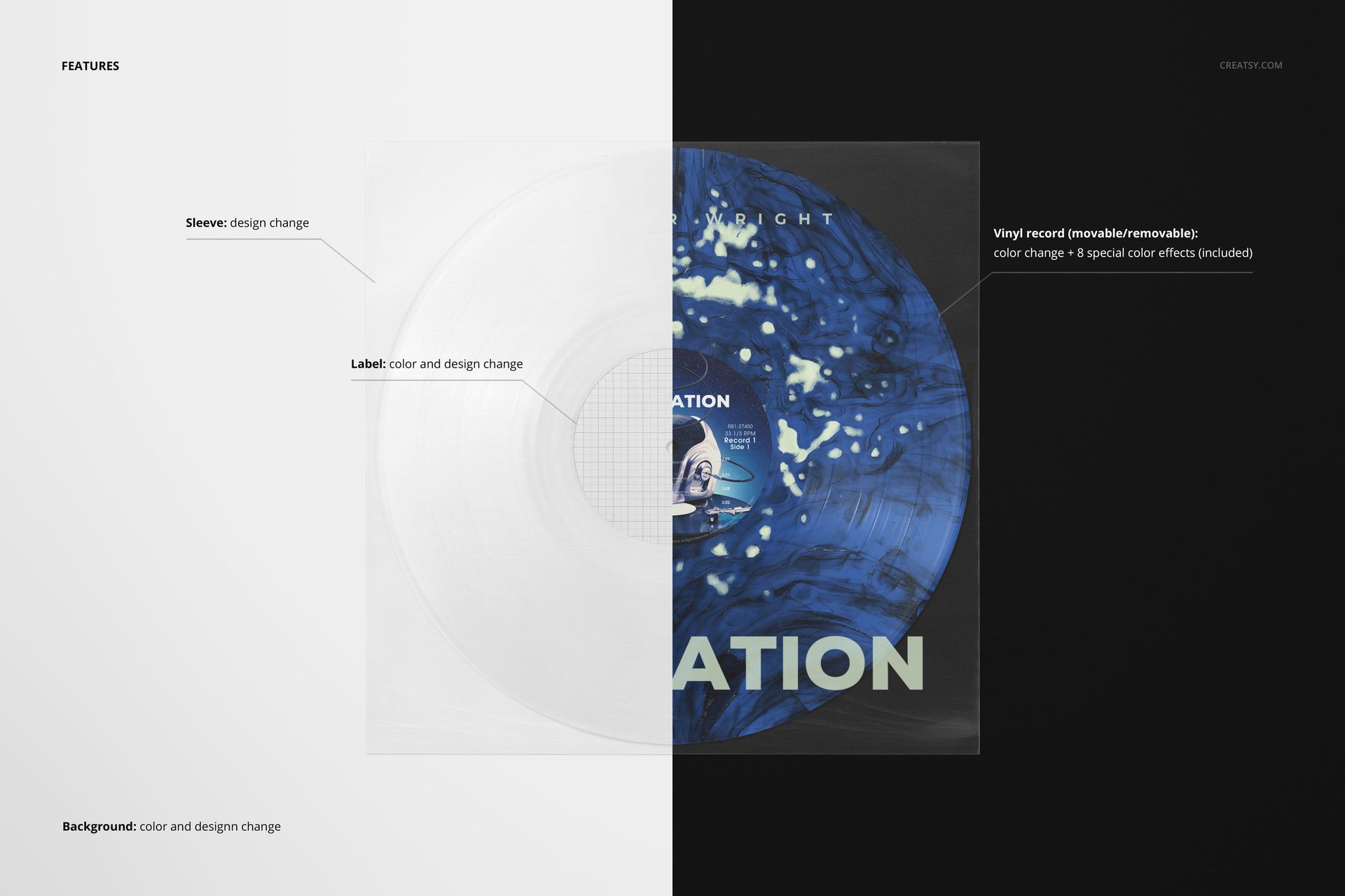 Semi-transparent clear vinyl record sleeve mockup with a blue patterned record, shown in a split front view.