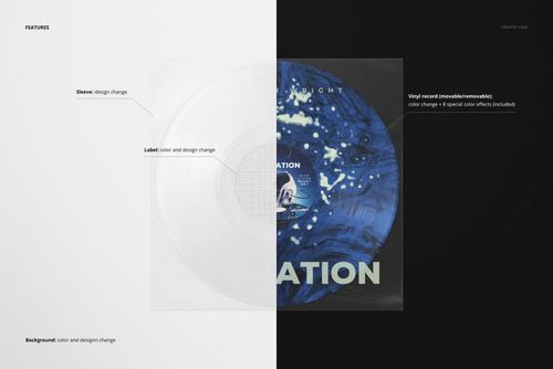 Semi-transparent clear vinyl record sleeve mockup with a blue patterned record, shown in a split front view.