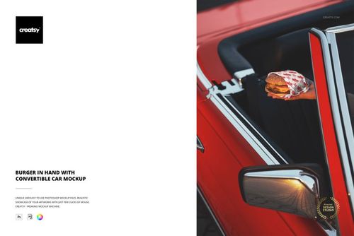 Wrapped burger held in a person's hand outside the window of a red convertible, mockup scene with dark background.