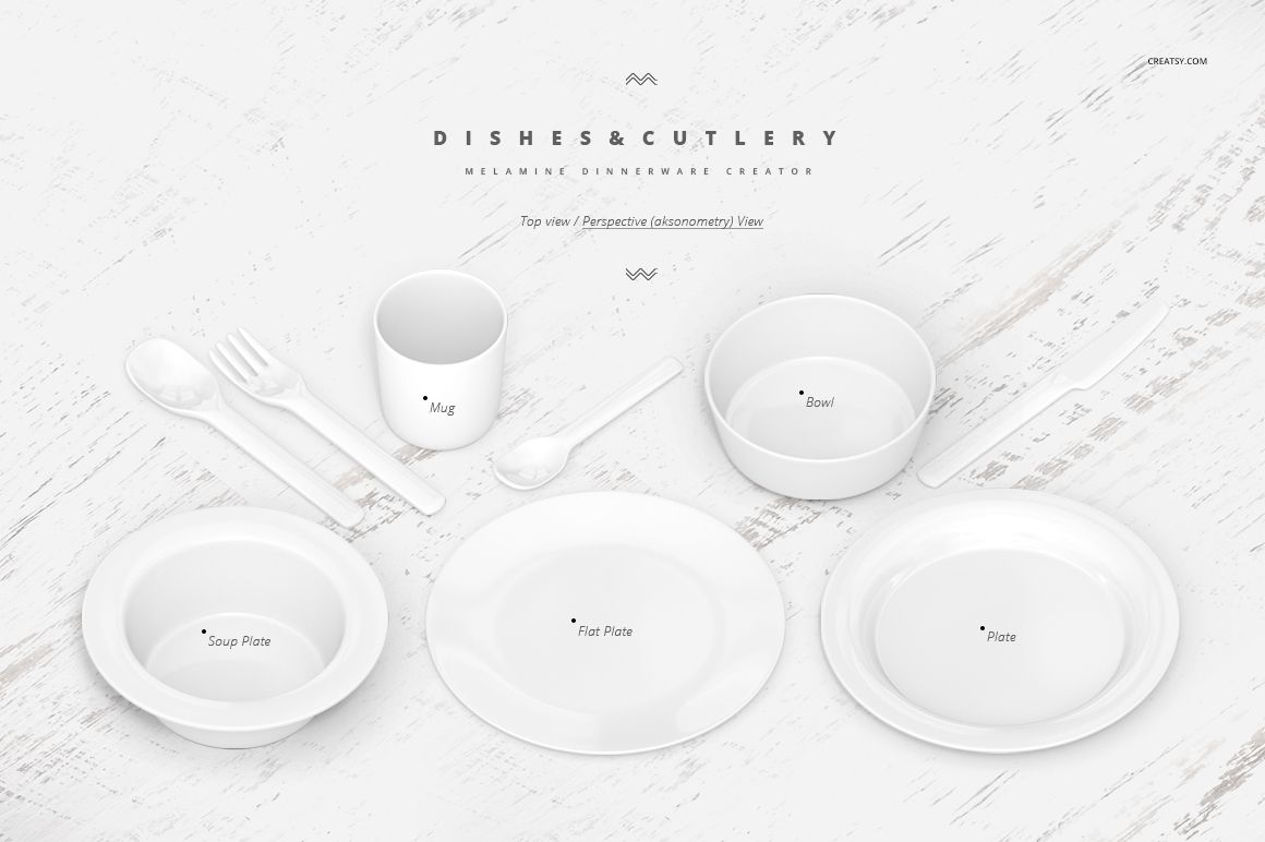 Melamine dinnerware mockup set displayed from above, featuring plates, bowl, mug, spoon, fork, and knife on wood.