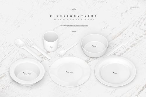 Melamine dinnerware mockup set displayed from above, featuring plates, bowl, mug, spoon, fork, and knife on wood.