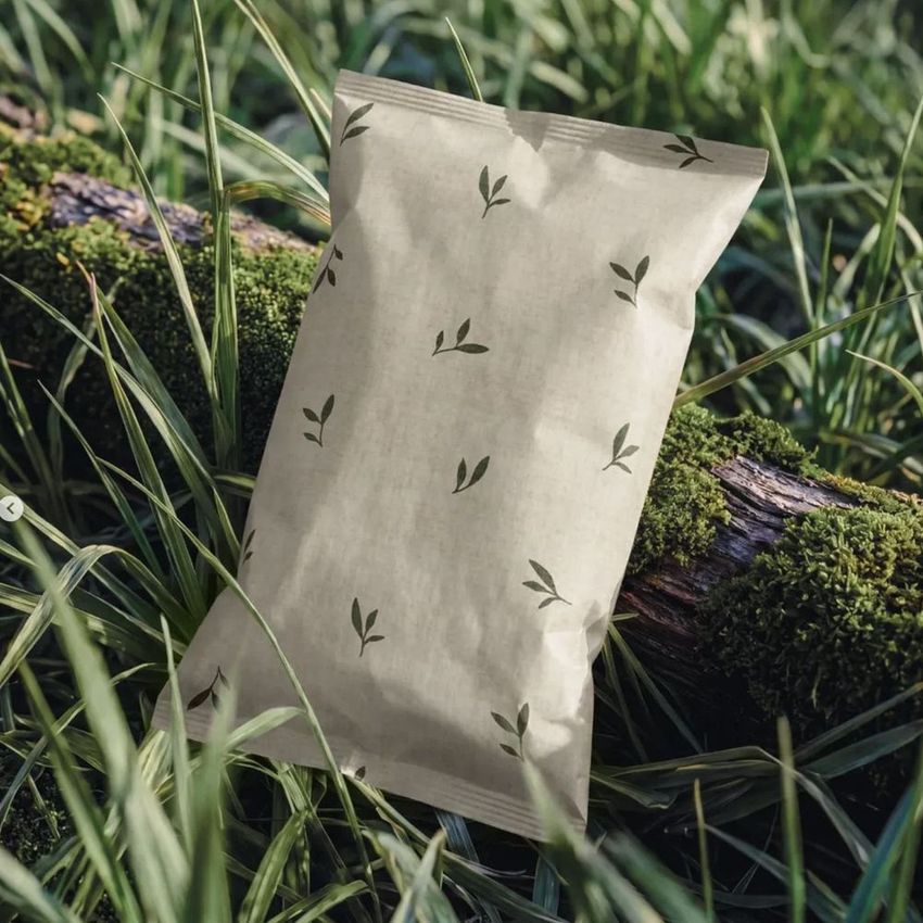 Paper chips bag mockup with leaf illustrations resting on a mossy log surrounded by tall green grass in natural light.