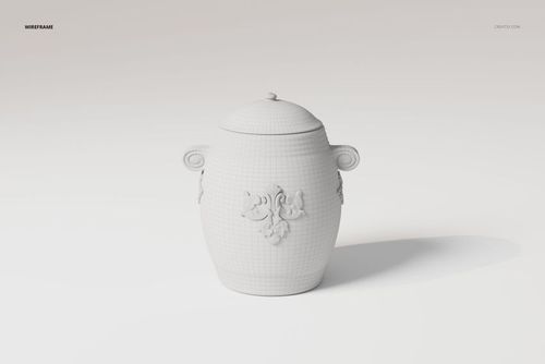 Front view of a decorative urn 3D model with a lid, white wireframe texture, and ornate floral relief details.