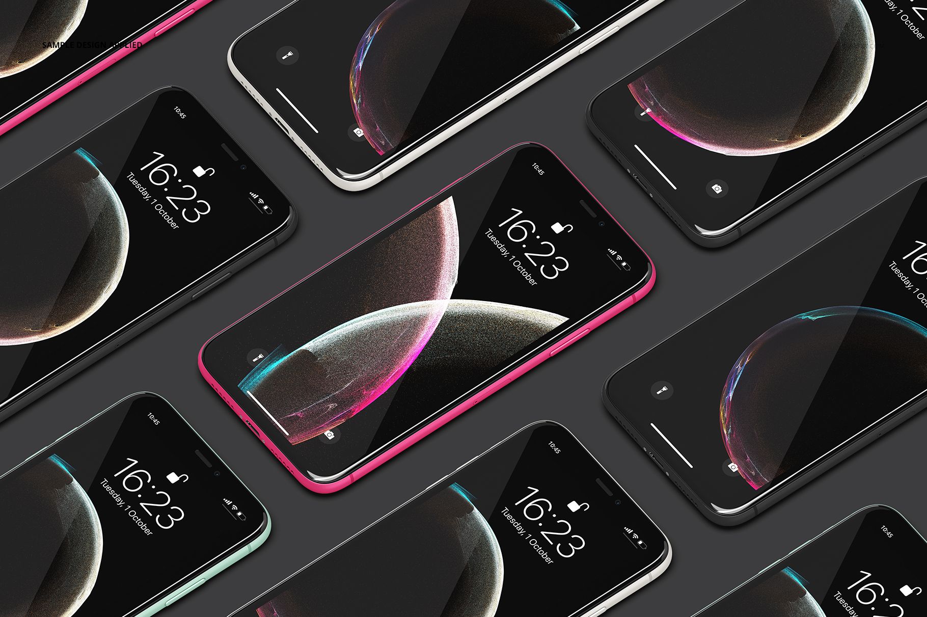 Diagonal arrangement of iPhone 11 mockups in pink, black, and white, each screen showing a minimalist design.
