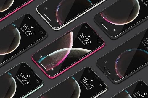 Diagonal arrangement of iPhone 11 mockups in pink, black, and white, each screen showing a minimalist design.