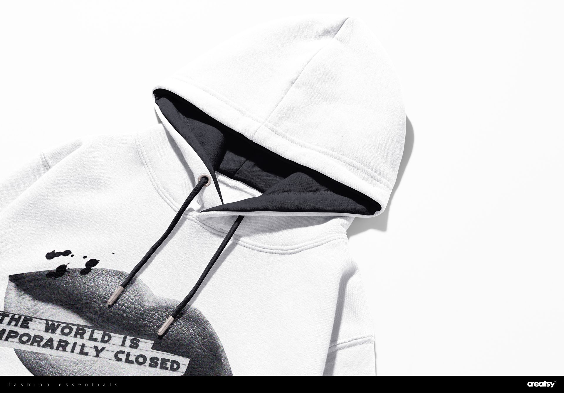 White AWDis JH201 hoodie mockup featuring black inner hood and drawstrings, shown from an angled top perspective.