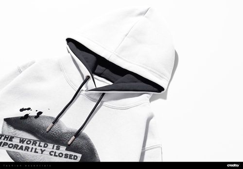 White AWDis JH201 hoodie mockup featuring black inner hood and drawstrings, shown from an angled top perspective.