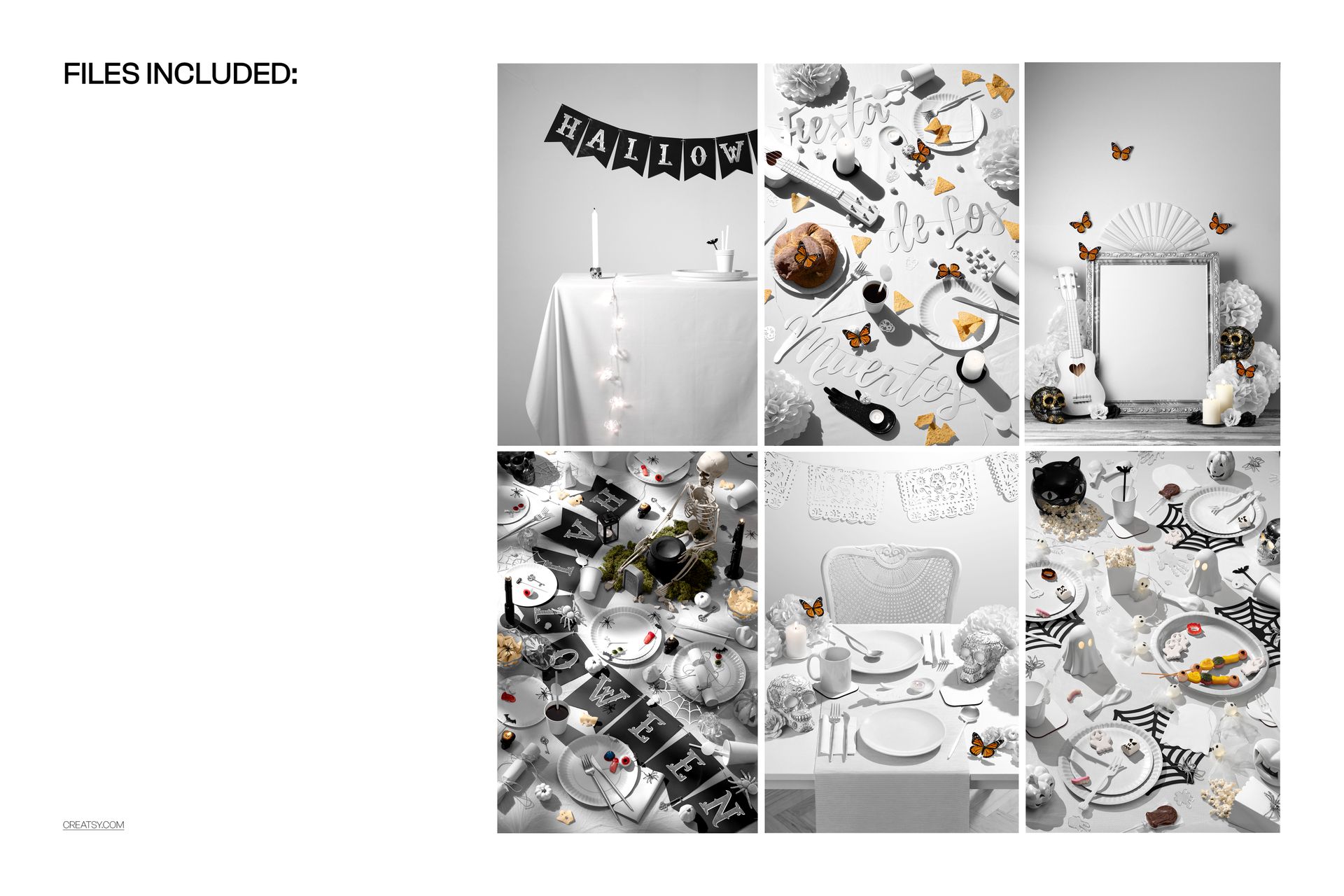 Halloween mockup set featuring six scenes with festive table settings, decorations, pumpkins, and black-and-white props.