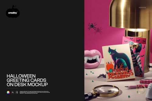 PSD mockup scene featuring Halloween cards, a lamp, vampire teeth candle holder, beads, spiders, and pens on a pink wall desk.