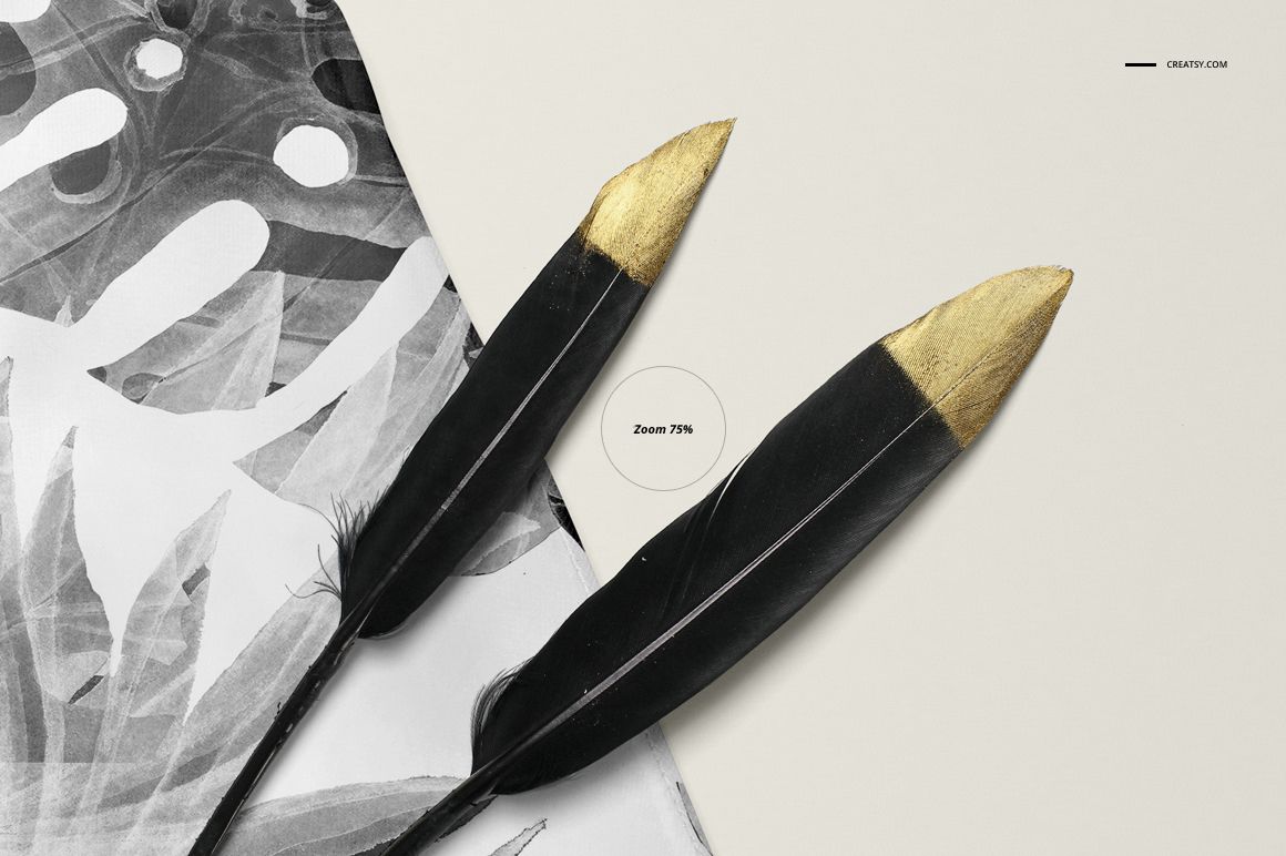 Mockup showing two black and gold-tipped feathers arranged near a black and white abstract fabric, viewed from above.