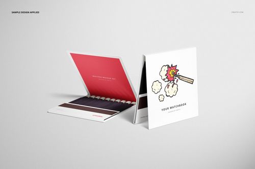 PSD mockup of matchbooks with a white cover, cartoon artwork, and visible matches inside, shown from a front angle.