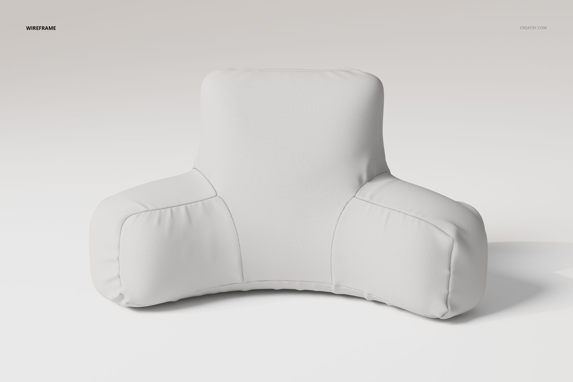 Front view of a reading pillow with a soft, light gray fabric cover and supportive armrests on a plain background.