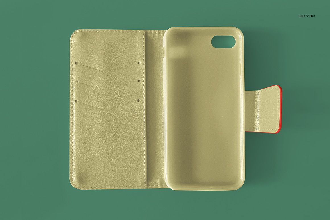 Open leather wallet phone case mockup displayed on a green background, showing card slots and phone holder.