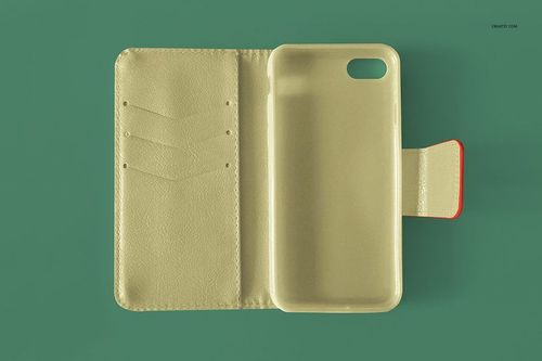 Open leather wallet phone case mockup displayed on a green background, showing card slots and phone holder.