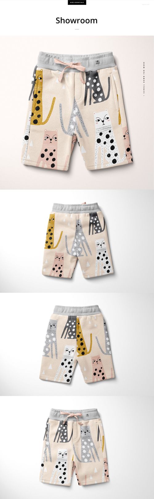 Kids fleece shorts mockup featuring a front view of beige shorts with a playful cat pattern in yellow, pink, and gray.