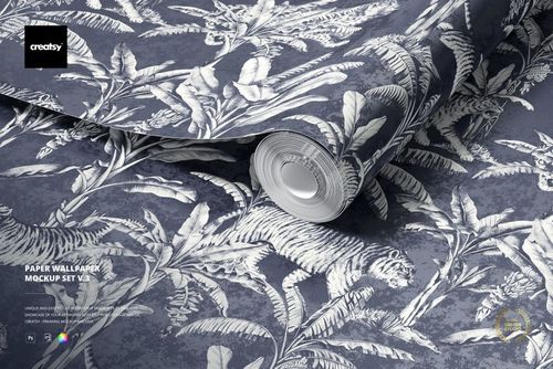 Close-up of a paper wallpaper mockup featuring a botanical and animal print in blue and white tones, top perspective.