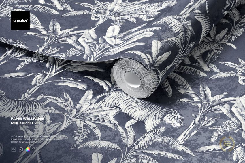 Close-up of a paper wallpaper mockup featuring a botanical and animal print in blue and white tones, top perspective.