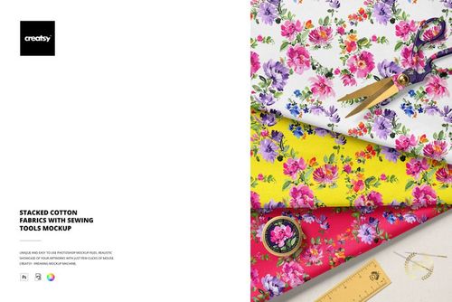 PSD mockup showing vibrant cotton fabric stacks with pink, yellow, and red floral prints, plus scissors and ruler.