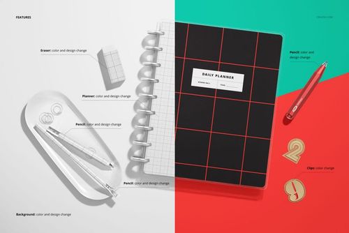 Stationery set arranged from above featuring a spiral planner mockup, pencils, eraser, and gold clips on a two-tone surface.