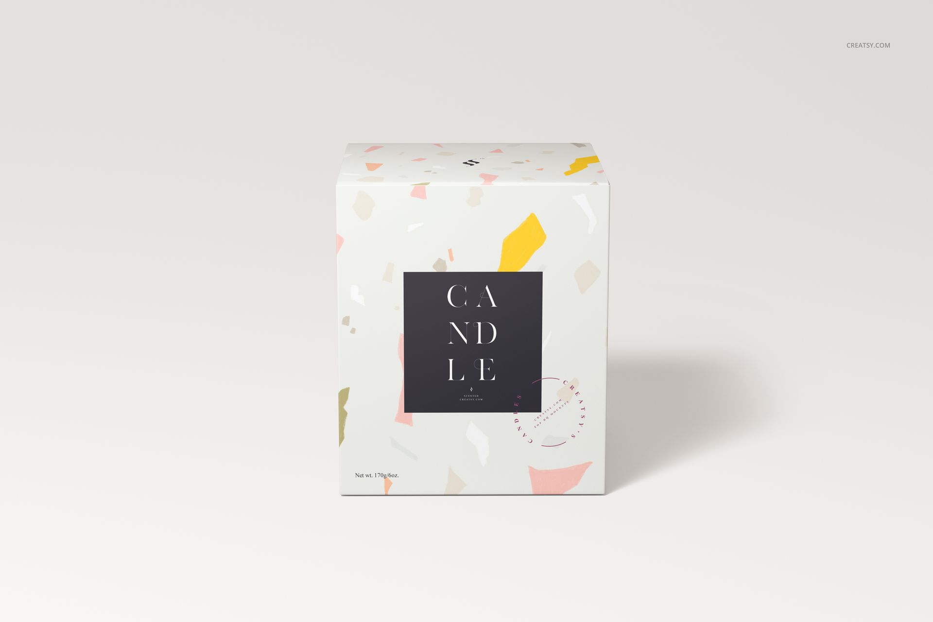 Front view of a Nordic style candle box mockup with abstract pastel shapes on a light background, square format.