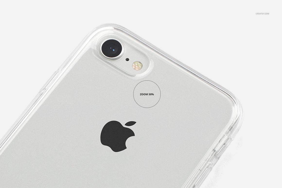 PSD mockup featuring a clear phone case on an iPhone 8, angled to show the back camera and branding.