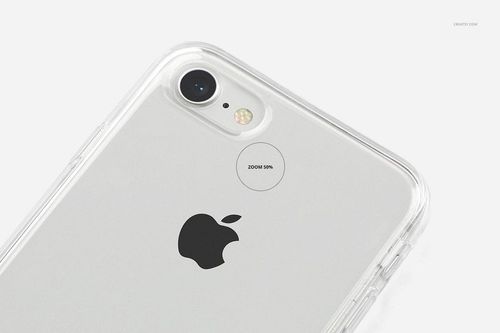 PSD mockup featuring a clear phone case on an iPhone 8, angled to show the back camera and branding.