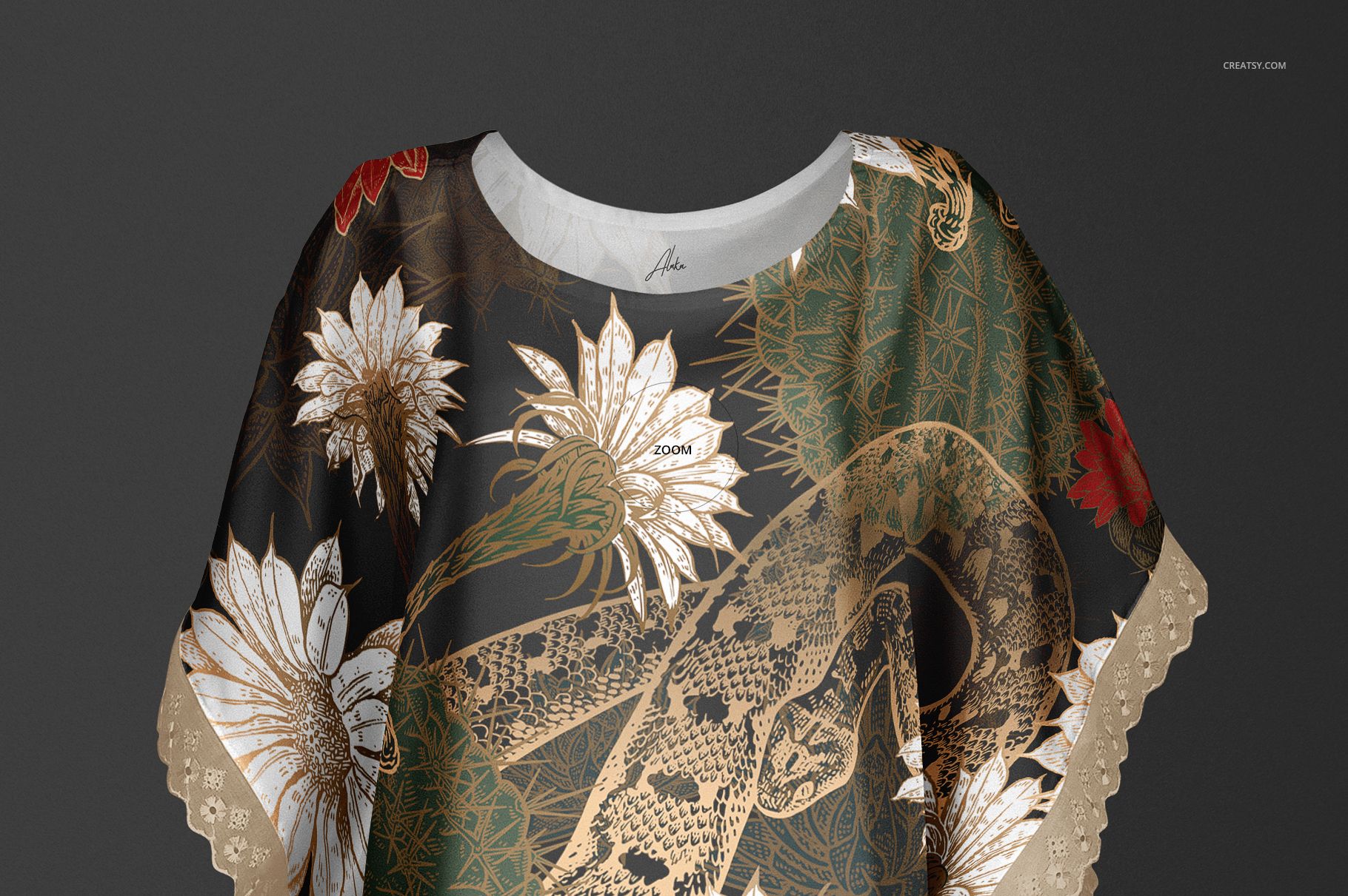 Front view of a kaftan mockup with a botanical and snake pattern in gold, white, and red tones on dark fabric.