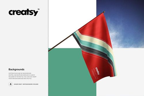 PSD mockup of a house flag featuring a bold red design with curved stripes, displayed on a pole with sky backdrop.