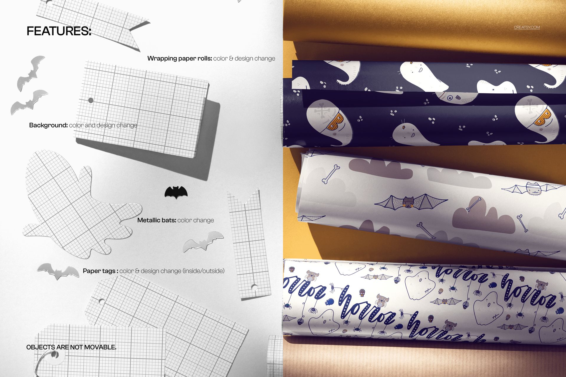 PSD mockup of Halloween-themed wrapping paper rolls with gift tags, displaying bats and ghosts in various colors.
