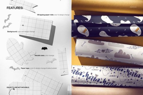 PSD mockup of Halloween-themed wrapping paper rolls with gift tags, displaying bats and ghosts in various colors.