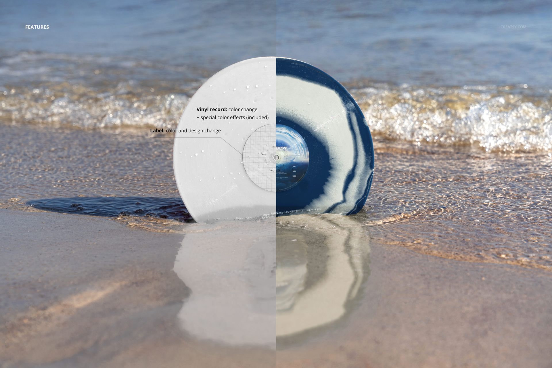 Vinyl record partially buried in beach sand with ocean waves in the background, front view mockup scene.