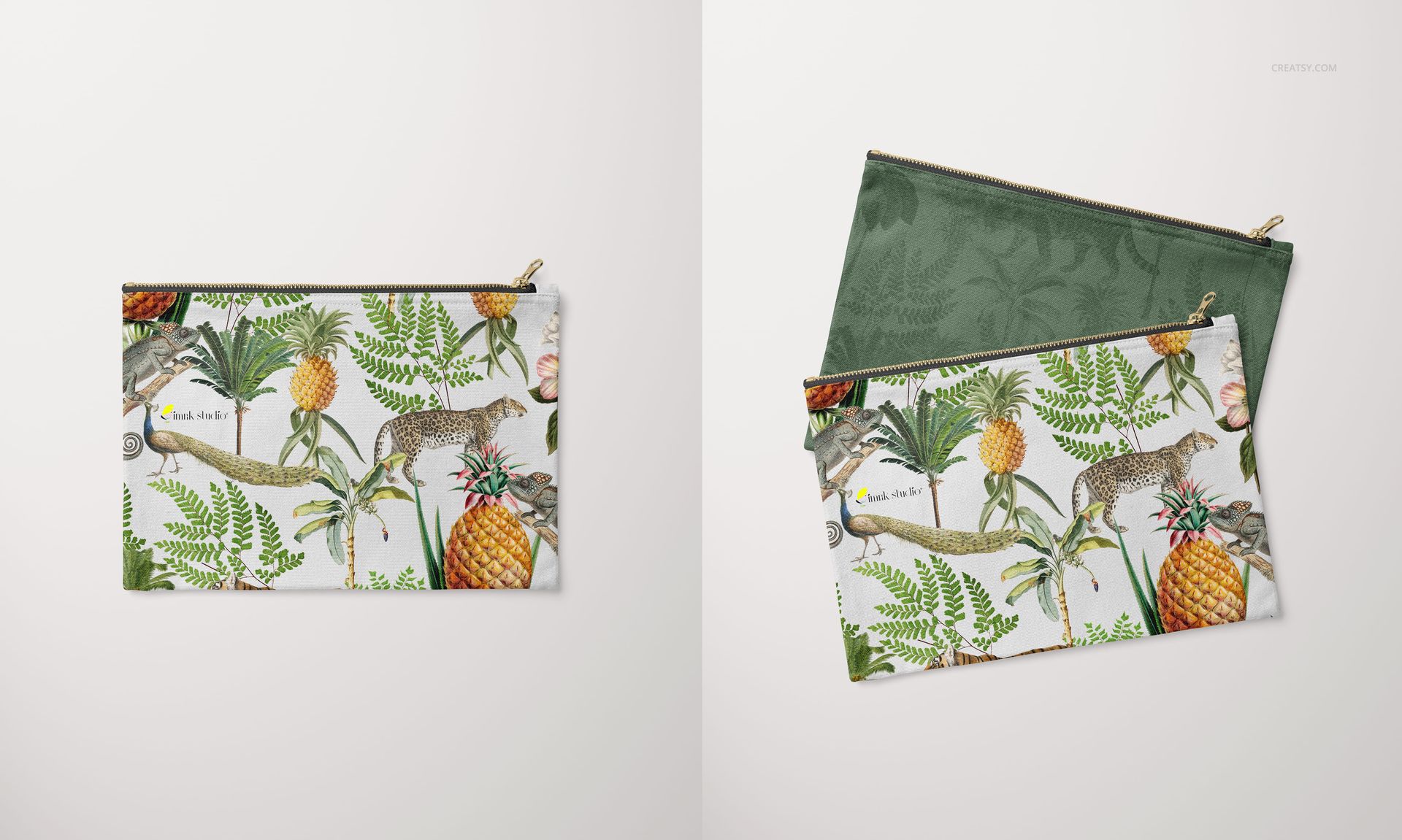 PSD mockup of rectangular canvas pouches featuring a leafy motif and animal illustration, arranged on a plain surface.