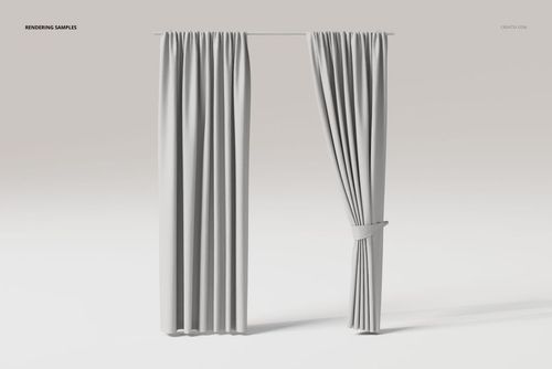 Front view of a curtain with tiebacks, shown in light gray fabric against a plain white background, minimal scene.