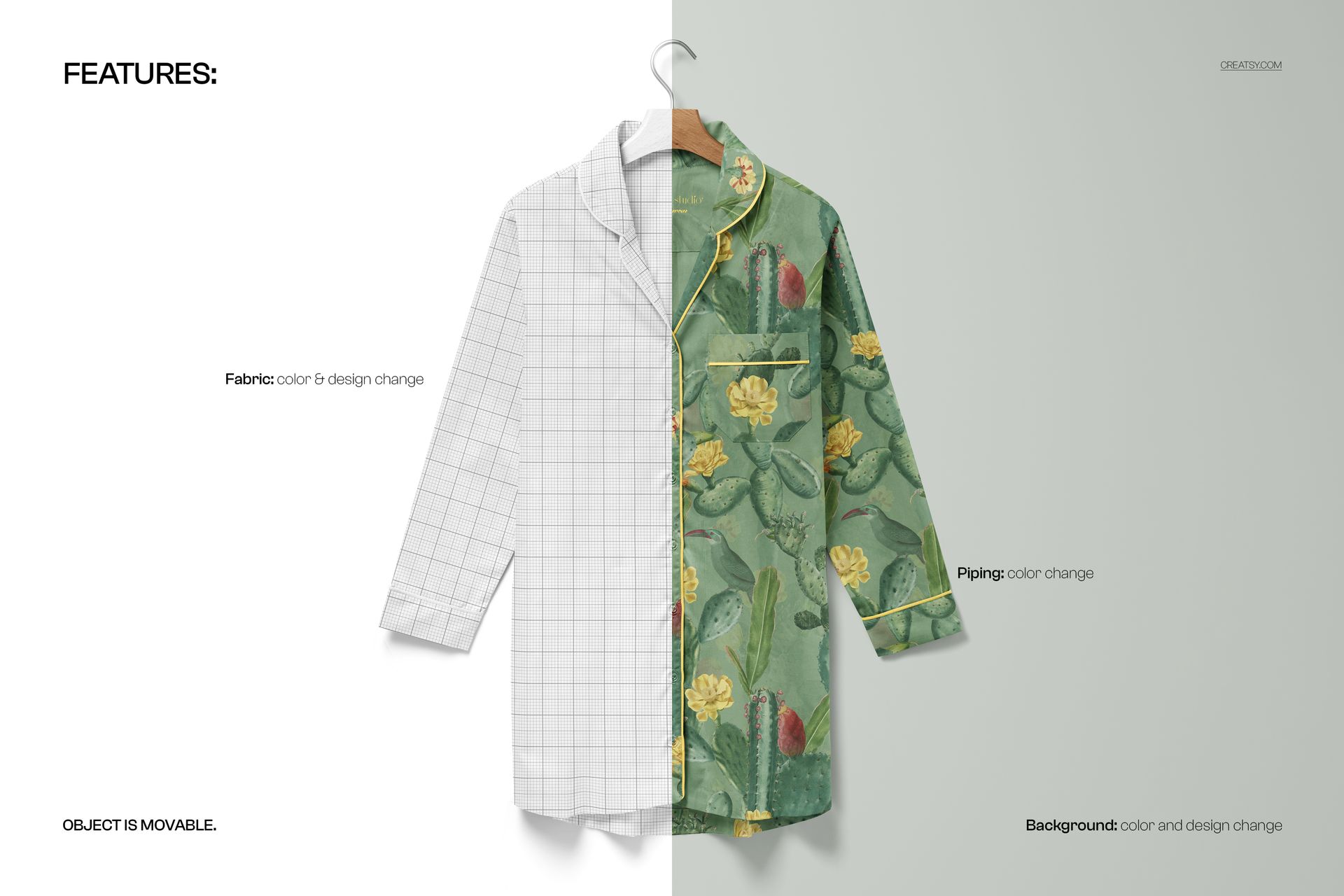 Front view of a nightdress mockup showing a split design with grid pattern on one side and floral print on the other.