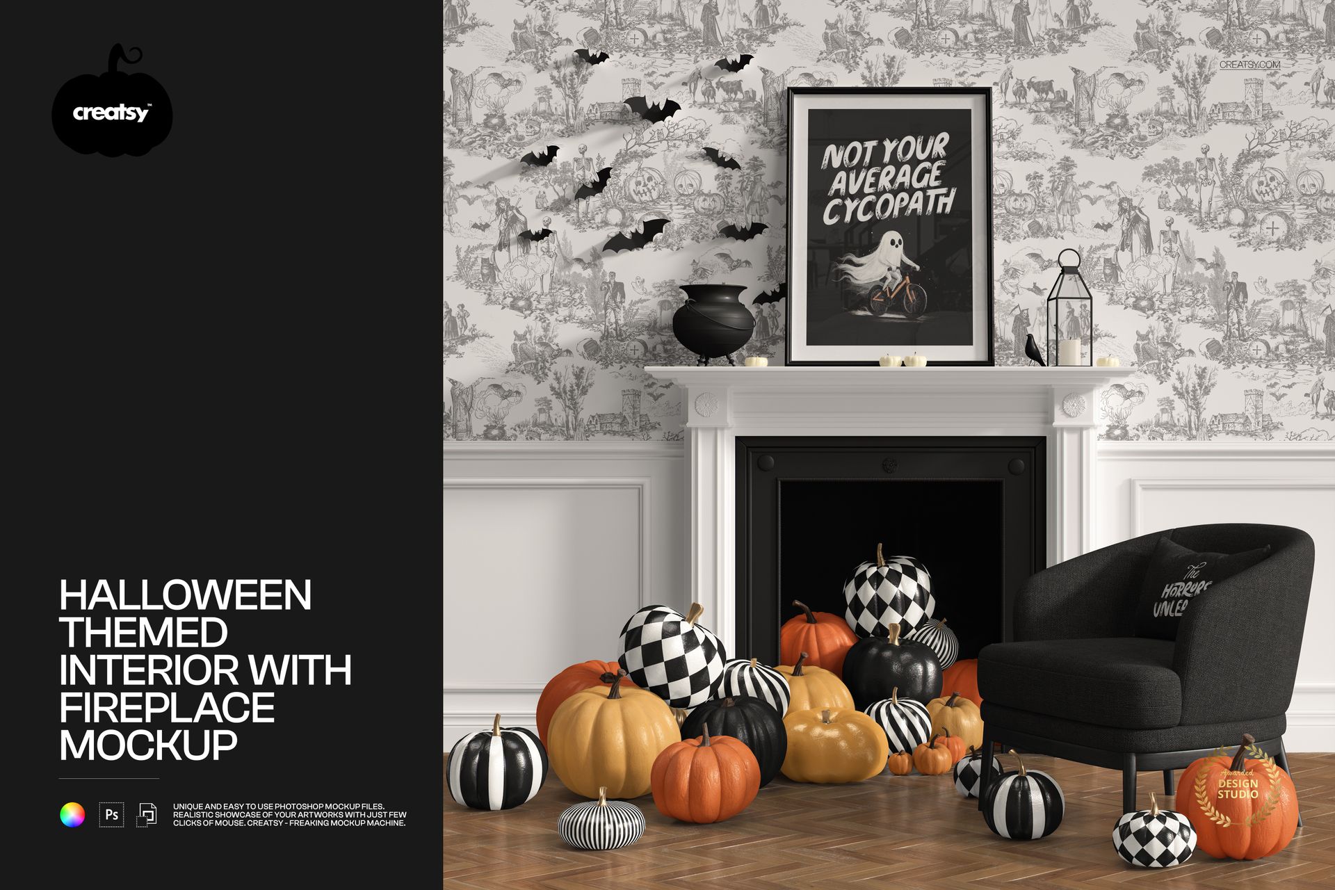 Front view of a Halloween themed interior mockup with pumpkins, checkered decor, bats, and fireplace.