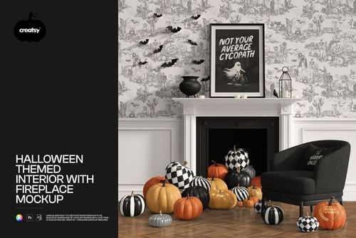 Front view of a Halloween themed interior mockup with pumpkins, checkered decor, bats, and fireplace.