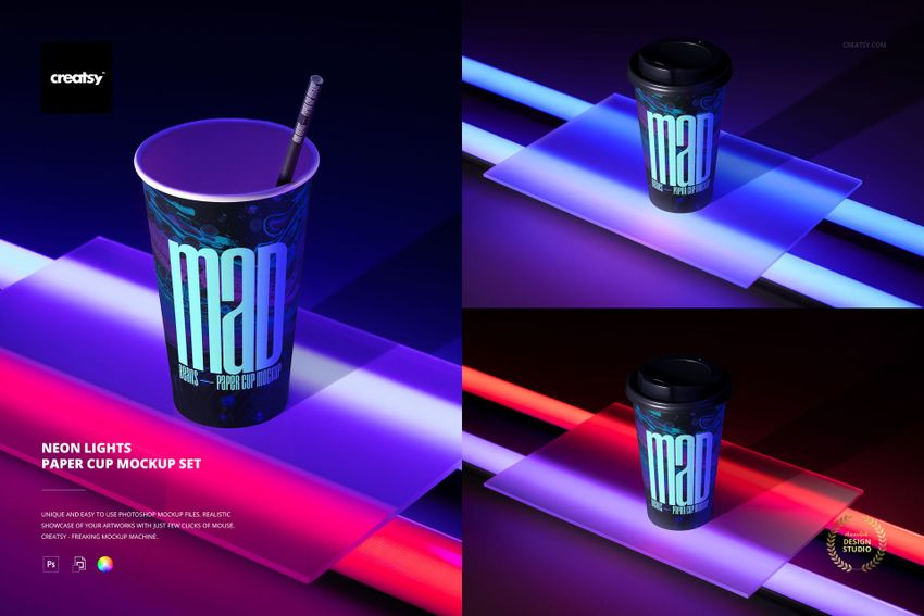 Neon-themed paper cup mockup set featuring colorful glowing lights, shown with lids and straws on acrylic panels.
