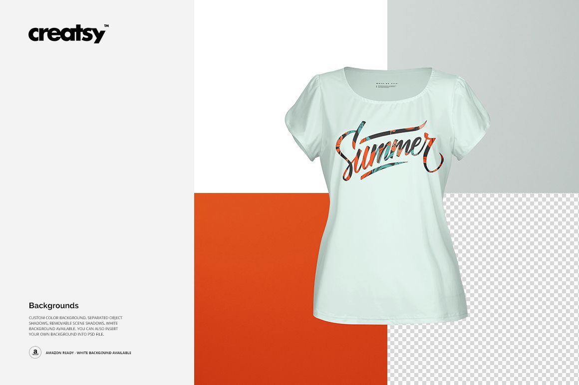 Front view of a women's split sleeves blouse mockup with a summer-themed print, displayed on a color-blocked background.