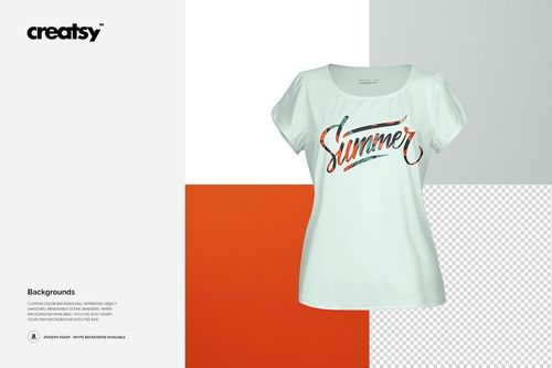 Front view of a women's split sleeves blouse mockup with a summer-themed print, displayed on a color-blocked background.