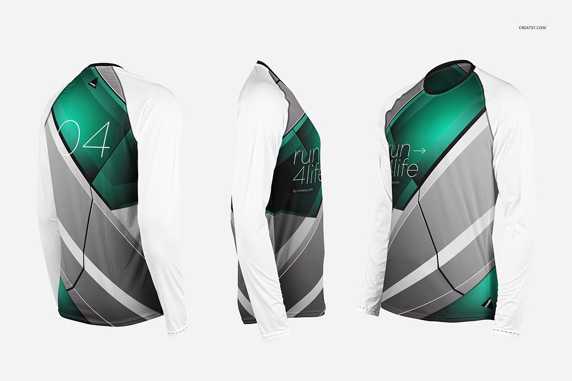 Set of three athletic longsleeve mockups featuring abstract green, gray, and white designs on a plain background.