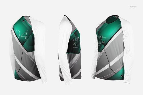 Set of three athletic longsleeve mockups featuring abstract green, gray, and white designs on a plain background.
