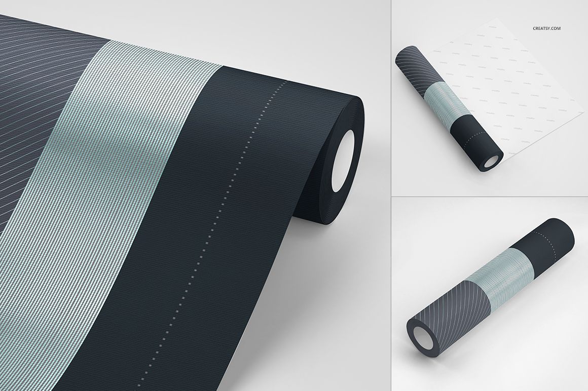 Wallpaper mockup set showing three rolls with modern linear patterns in dark and light gray tones on a white background.