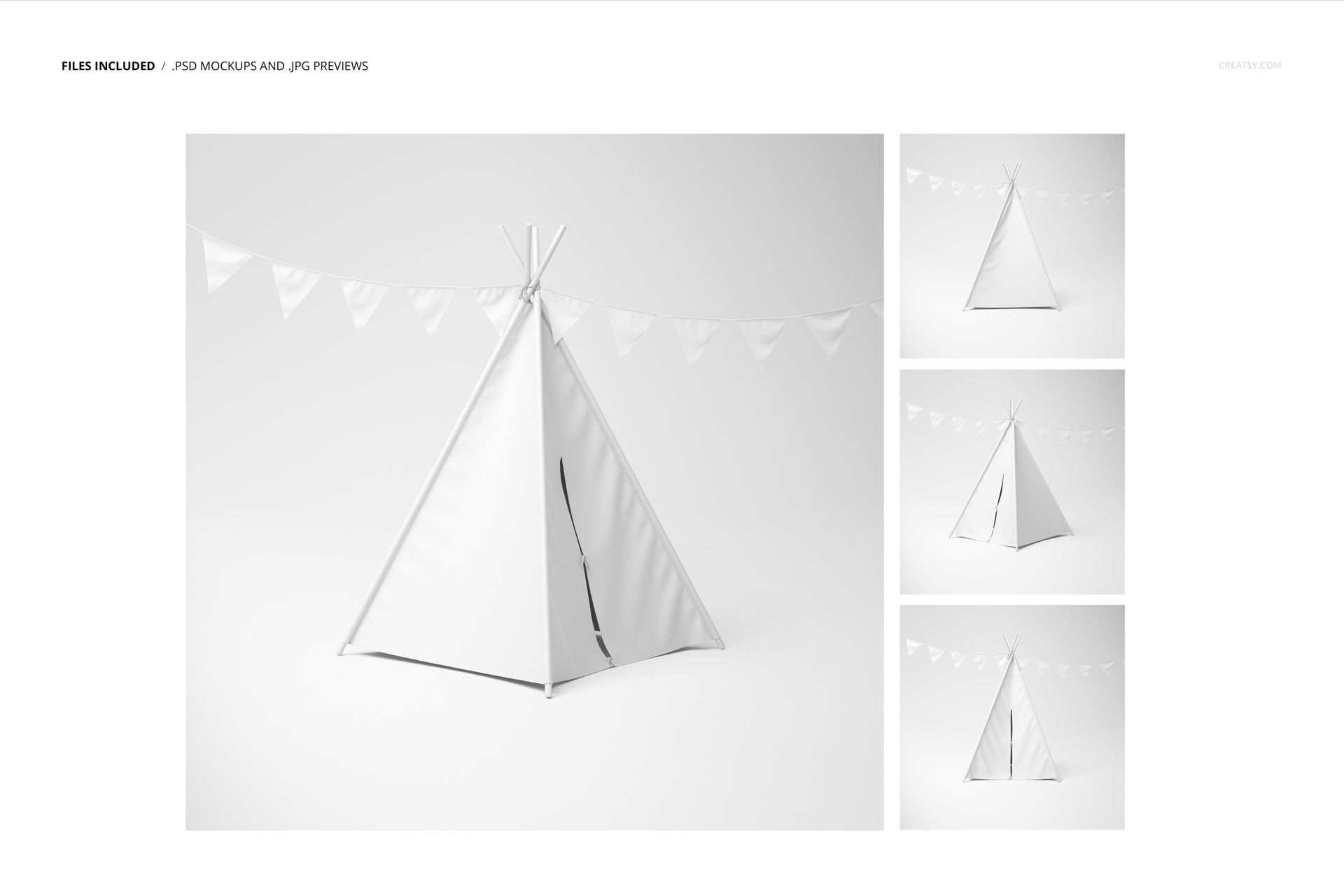 Front view of a teepee tent mockup with white fabric, surrounded by a string of triangular flags in a minimal setting.
