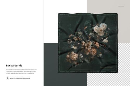 Square silk scarf with a dark green background and floral pattern, displayed flat in a crepe de chine mockup set.