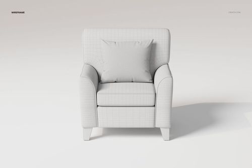Front view of a square arm lounge chair 3D model in a light wireframe texture with a matching cushion on the seat.