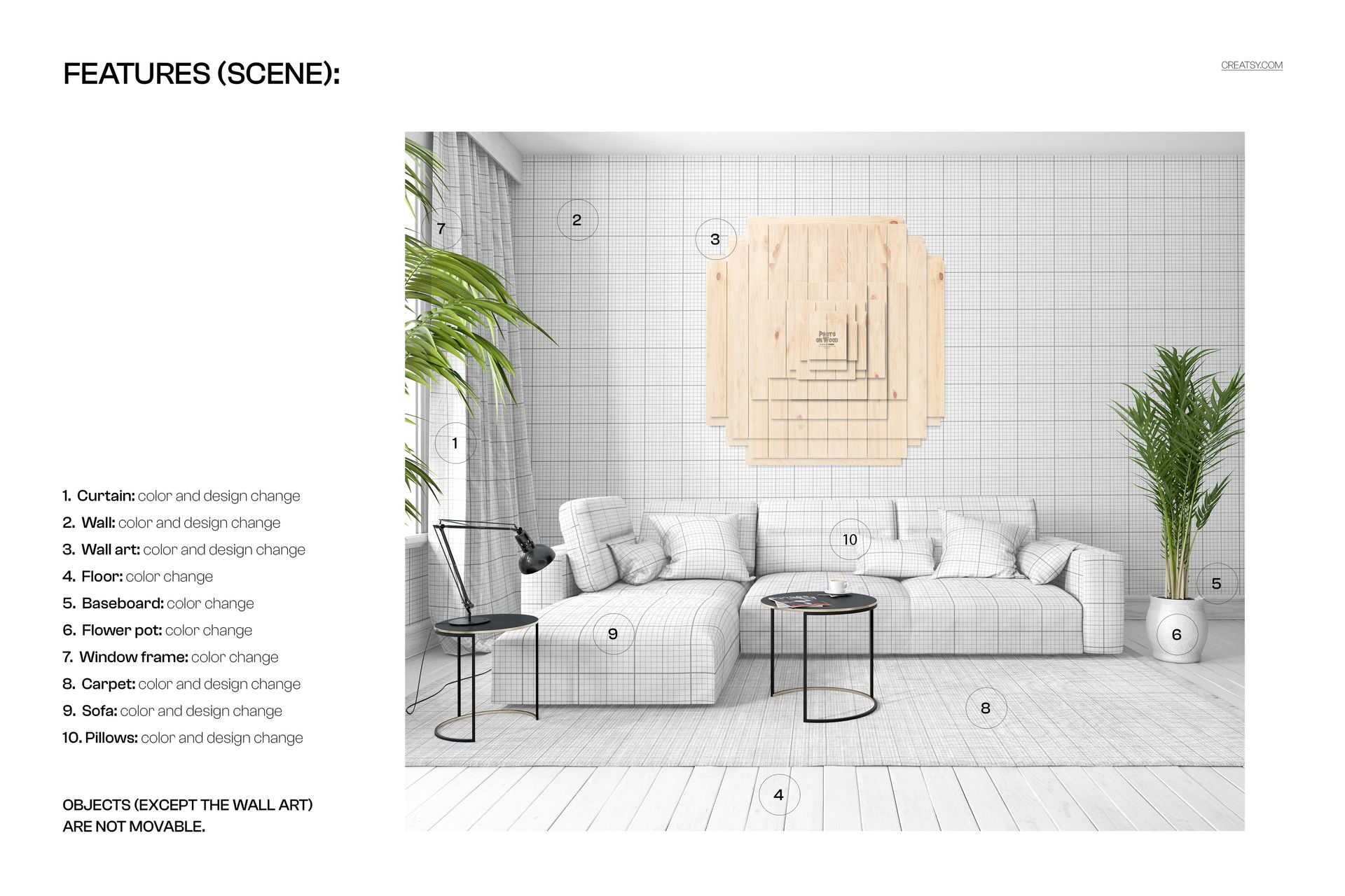 Front view of a modern living room with a grid-patterned sofa, plants, and a square plywood wall art above the couch.