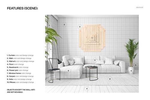 Front view of a modern living room with a grid-patterned sofa, plants, and a square plywood wall art above the couch.